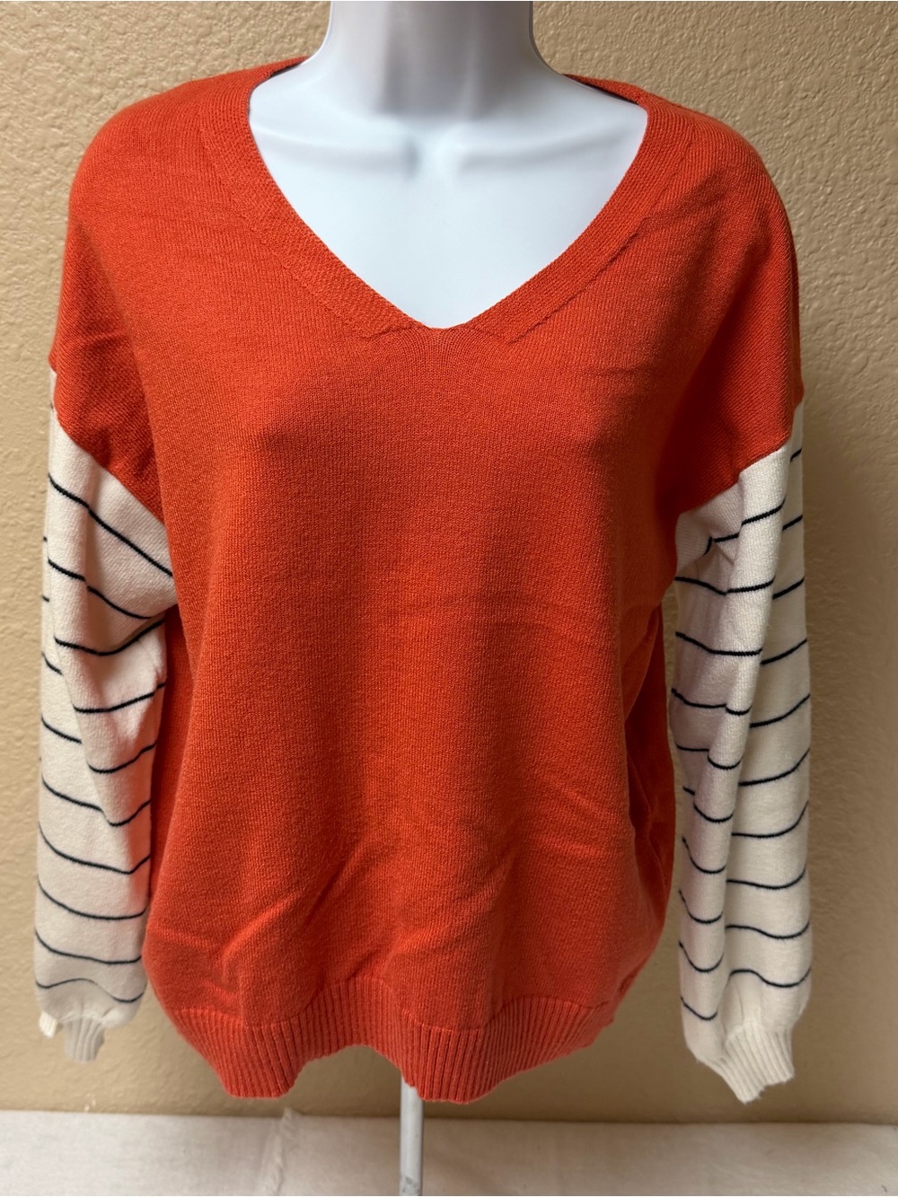4/$20 ePretty Orange V-Neck Sweater with Cream Striped Sleeves